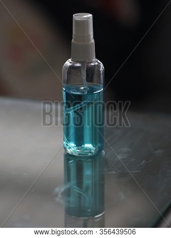Alcoholic 70 Percent In Clear Plastic Bottle Spray, Washing Clean Dirty To Prevent Germs Protect Col
