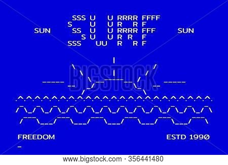 Blue In Old Computer Style Of Dos Symbols. Old School Rare Typographic Apparel Print. Vector Illustr