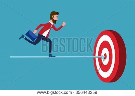 Business Goal Achievement. Businessman Runs To The Goal. Concept Business Vector Illustration