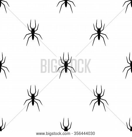 Seamless Pattern With Black Silhouette Of Spider On White Background. Halloween Decorative Texture. 