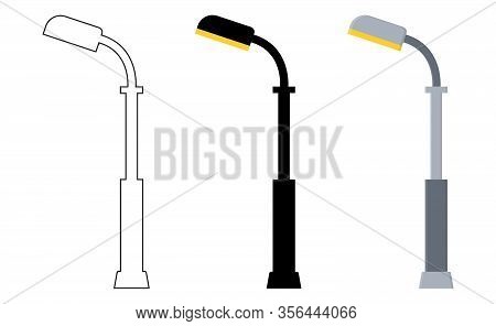 Outline, Black Silhouette, Cartoon Streen Lights Set Isolated On White Background. Vintage Street Li