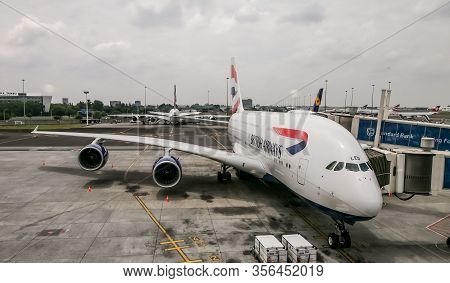 Johannesburg, South Africa - February 06 2014: Airbus A380 Sitting On The Tarmac At Or Tambo Airport