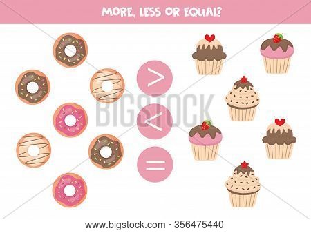 More Or Less Or Equal With Cute Muffins And Donuts. Educational Worksheet For Kids.