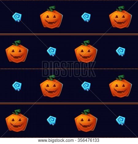 Seamless Halloween Pattern With Funny Pumpkins And Candy