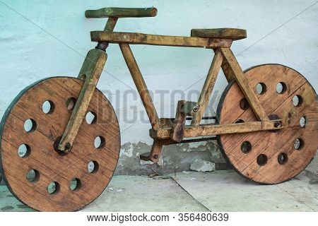 An Old Wooden Bicycle. Ertil. Voronezh Region. Russia. March 2020