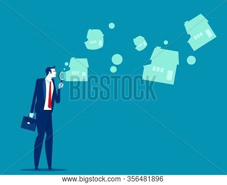 Man Blowing Housing Bubble. Concept Business Finance And Economy Vector Illustration, Property