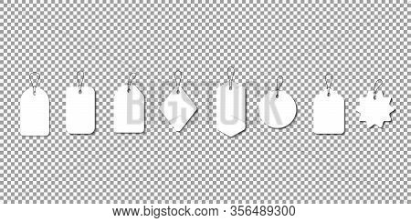 Set Blank White Paper Price Tags Or Gift Tags. Paper Labels With Cord. Set Template Shopping Labels 