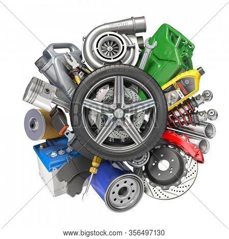 Car parts, spares and accesoires. Auto service and car repair workshop concept. 3d illustration