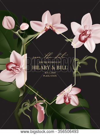 Dark Orchis Contrast Dynamic Art. Hand-drawn Realistic Plant, Modern Wedding Card With Gold Typograp