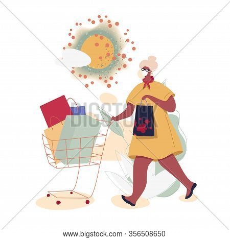 Old Woman In Mask With Shopping Cart And Boxes Under The Sun In The Form Of Coronavirus. Quarantine 