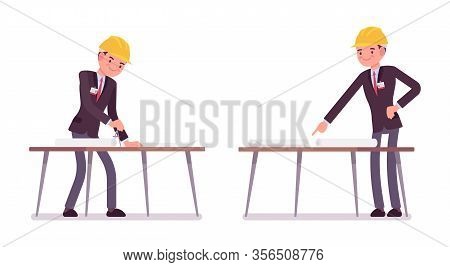 Architect Man, Professional Creating Design For Buildings In Blueprint. Worker Developing Constructi