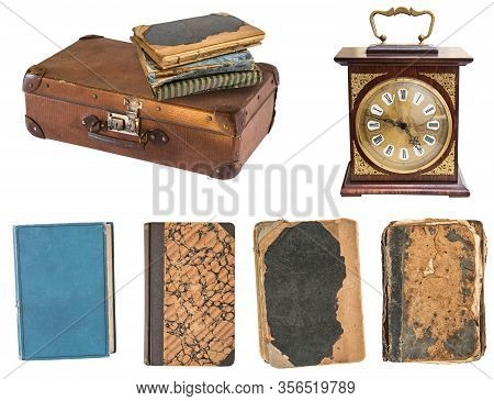 Set Of A Huge Amount Gorgeous Old Vintage Items. Old Books,desk Clock, Candlesticks. Isolated On Whi