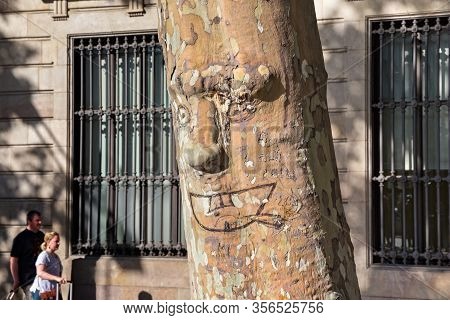 Barcelona, Spain - May 16, 2017: Funny Picture On The Platan Bark Of The Tree In The Center Of Barce
