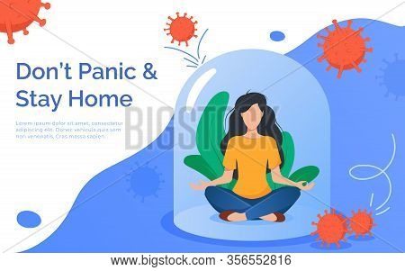 Coronavirus Outbreak Concept. A Girl Sits In A Meditation Pose Under A Glass Cap. Covid-19 Virus In 