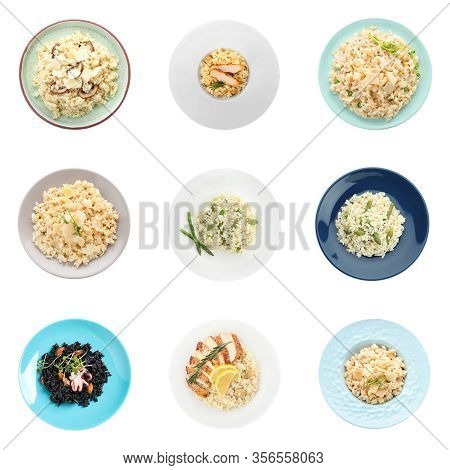 Collage With Delicious Rissotos On White Background, Top View