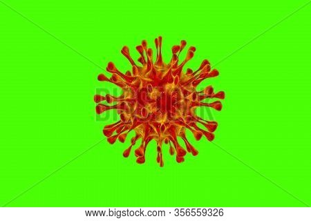 Abstract Red Virus Covid-19 On A Green Background In 3d Renderer. Dangerous Coronavirus Non- Cellula
