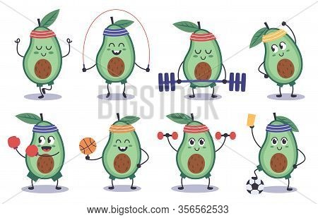 Avocado Fitness. Funny Doodle Avocado Character Do Sport, Meditation, Play Soccer, Sports Avocado Ma
