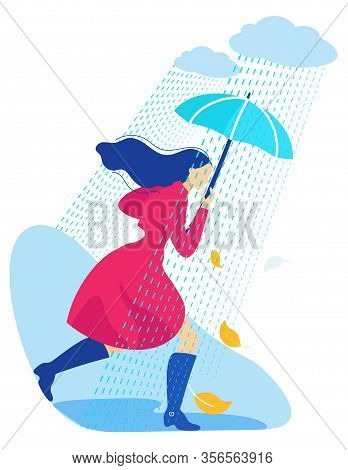 Bright Flyer Walk In Windy Weather Cartoon Flat. Reduction Stress Response. Girl Walks Down Street U