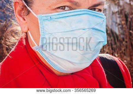 Woman Wearing Black Sunglasses Atex Gloves And Medical Face Mask