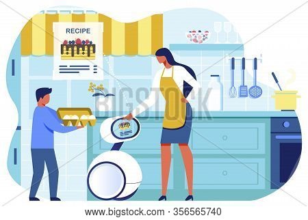 Cartoon Artificial Intelligent Showing Woman In Apron Pancakes Recipe. Boy Giving Eggs. Mother And S