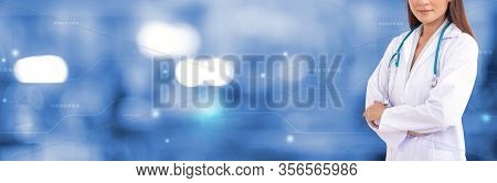 Coronavirus pandemic disease on blur hospital laboratory panoramic blue background. COVID-19 virus f