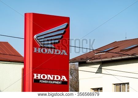 Senov, Czech Republic - January 24, 2020: The Banner Of A Honda Dealership With Red Colour And A Log