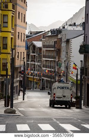 Encamp, Andorra : 2020 18 March : Cloudy Day In Encamp.  Main Street Of The City Of Encamp In Andorr