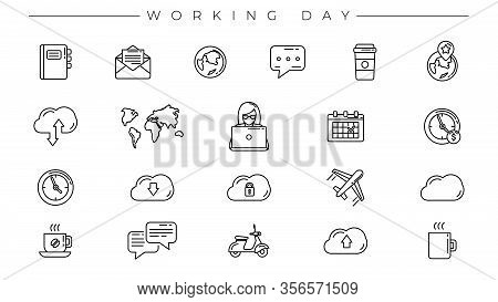 Working Day Concept Line Style Vector Icons Set