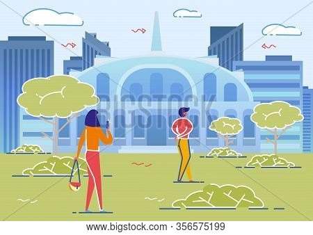 Tourist Walking Around City And Visiting Sightseeings Flat Cartoon Vector Illustration. Woman Taking