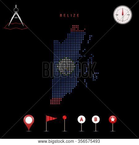 Dotted Map Of Belize Painted In The Colors Of The National Flag Of Belize. Waving Flag Effect. Map T