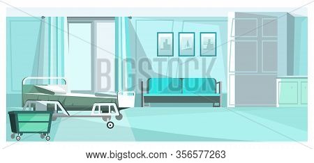 Hospital Room With Bed On Wheels Illustration. Blue Private Room Un Clinic With Comfortable Sofa, Pi