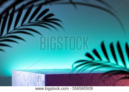 Concrete Foursquare Showcase On Aquamarine Background And Near Tropic Leaves. 3d Rendering.