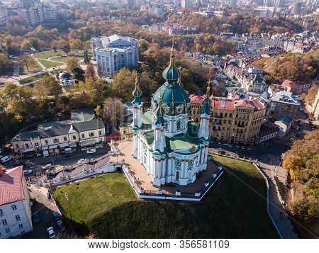 Aerial Top View To St Andrew Church In Kiev