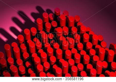 Top View Of Red Glossy Lipsticks On Pink Background. Cosmetics For Modern Luxury Make Up. 3d Renderi