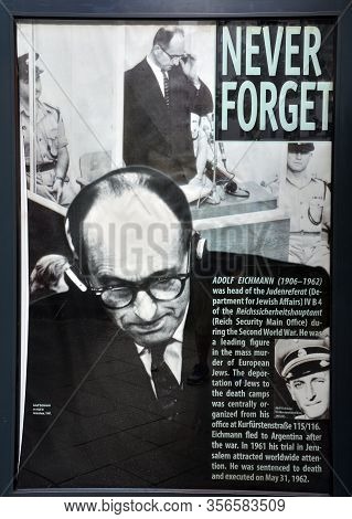 Berlin Germany 07 23 17: Sign In Front The House Of Adolf Eichmann Is Regarded As The Chief Logistic