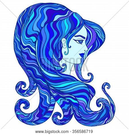 Goddess Of Water, Cyan, Dark Blue, Aquamarine Color Hair. Isolated On White Background. Fantastic Ab