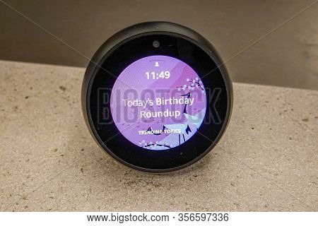 Seattle, Wa/usa-9/15/19: An Amazon Alexa Spot For Sale An Amazon Bookstore.  Amazon Alexa, Known As 