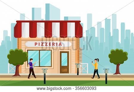 Cartoon Building Pizzeria Sign On Facade, Street With Cityscape Background. House With Awning, Showc