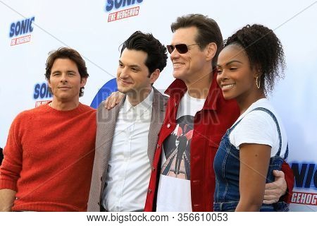 LOS ANGELES - JAN 25:  James Marsden, Ben Schwartz, Jim Carrey, Tika Sumpter at the Sonic The Hedgehog Family Day Event at the Paramount Theatre on January 25, 2020 in Los Angeles, CA