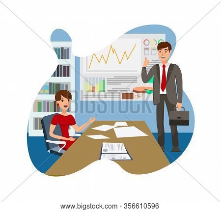 Businesswoman With Personal Assistant Illustration. Office Manager Sitting In Chair And Executive Ca