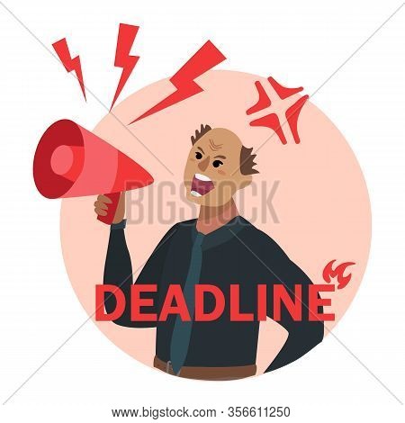 Cartoon Mad Angry Boss Shouting In Megaphone With Red Lightning Strikes Around. Crazy Chief With Lou