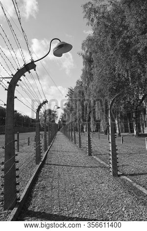 Auschwitz Birkenau Poland 09 17 17: Auschwitz Concentration Camp Fences Was A Network Of German Nazi