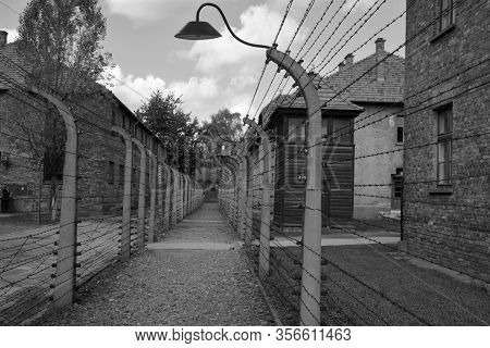 Auschwitz Birkenau Poland 09 17 17: Auschwitz Concentration Camp Fences Was A Network Of German Nazi