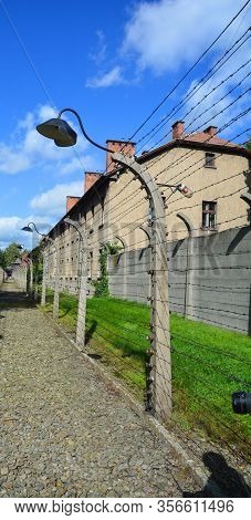 Auschwitz Birkenau Poland 09 17 17: Auschwitz Concentration Camp Fences Was A Network Of German Nazi