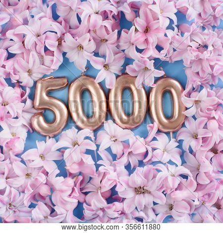 5000 Followers Card. Template For Social Networks, Blogs. Background With Pink Flower Petals. Social