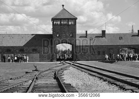 Auschwitz Birkenau Poland 09 17 17: Auschwitz Concentration Camp Entrance Was A Network Of German Na