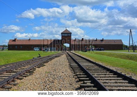 Auschwitz Birkenau Poland 09 17 17: Auschwitz Concentration Camp Entrance Was A Network Of German Na