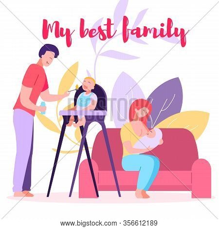Dad Feeding Baby With Spoon Giving First Solid Food For Young Toddler. Mom Feed Newborn Child With B
