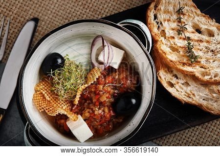 Vegetable Stew. Top View, Beautiful Table Setting, Beautiful Serving, Traditional Italian Food, Gray