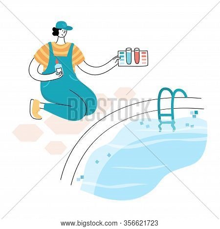 Vector Isolated Illustration Of Man Cheking And Balancing Ph Levels Of Swimming Pool Water With Pool